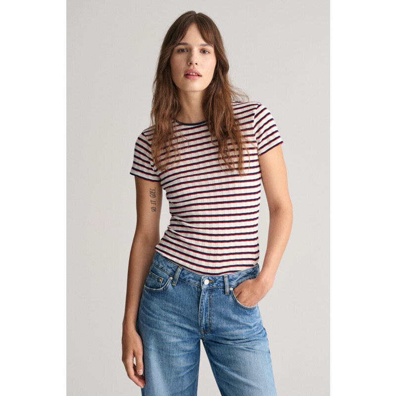 TRIČKO GANT STRIPED RIBBED SS T-SHIRT modrá XXS