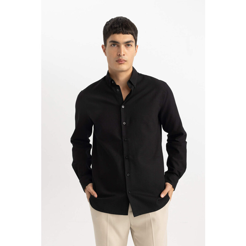 DEFACTO Modern Fit Polo Neck Textured Long Sleeve Shirt