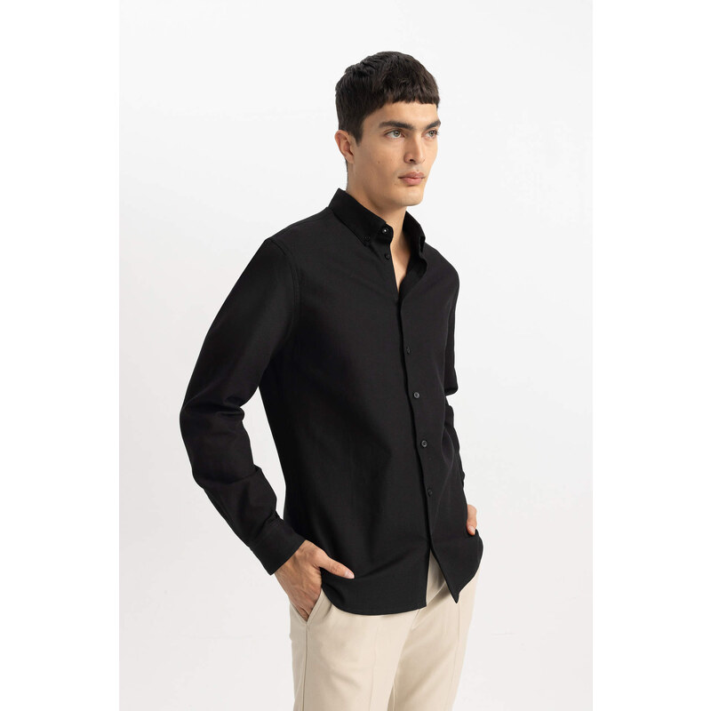 DEFACTO Modern Fit Polo Neck Textured Long Sleeve Shirt