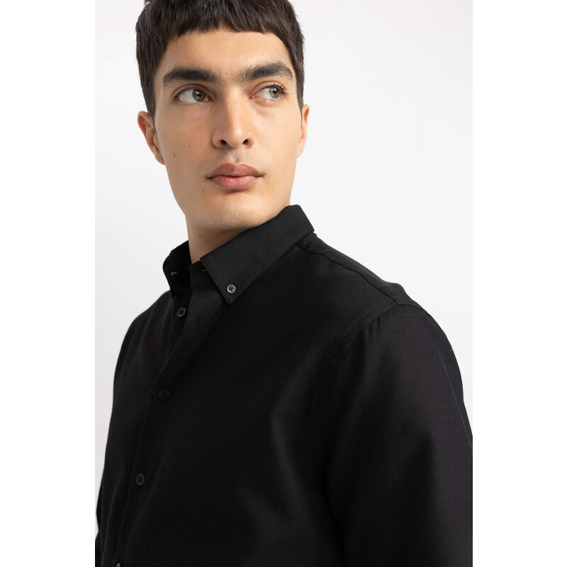 DEFACTO Modern Fit Polo Neck Textured Long Sleeve Shirt