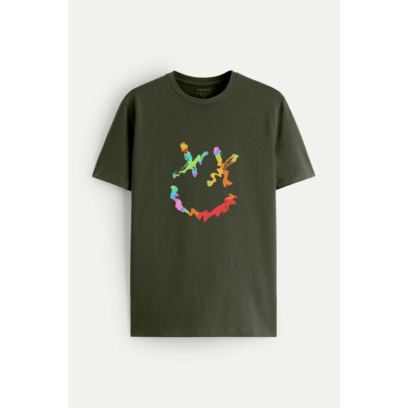Tričko, Barva Khaki, s Potiskem Neon Smiley Face