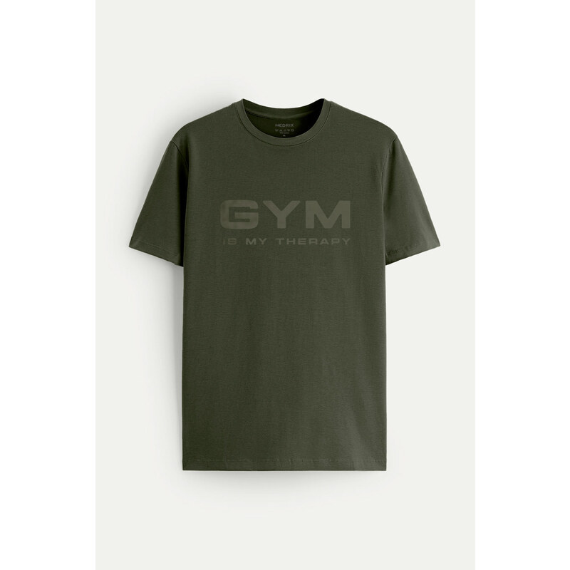 Tričko, Barva Khaki, s Potiskem Gym Therapy