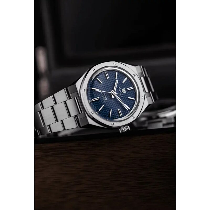 Stříbrné pánské hodinky Nivada Grenchen s ocelový páskem F77 Blue No Date 68001A77 37MM Automatic