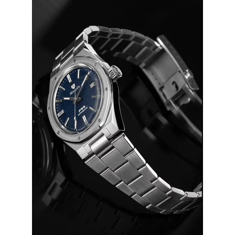 Stříbrné pánské hodinky Nivada Grenchen s ocelový páskem F77 Blue No Date 68001A77 37MM Automatic