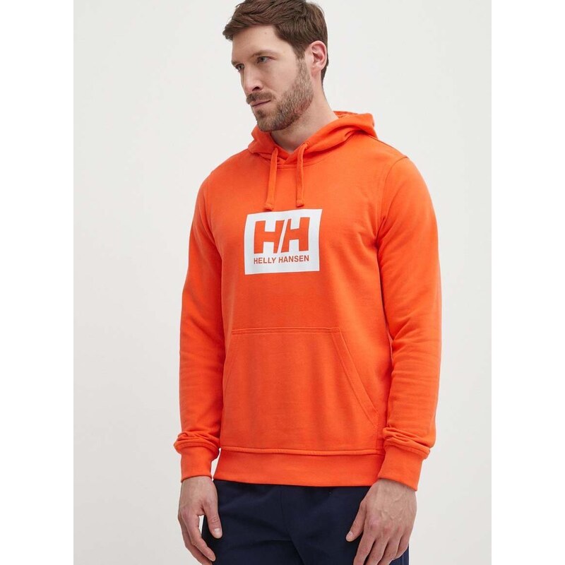 Bavlněná mikina Helly Hansen oranžová barva, s kapucí, s potiskem, 53289