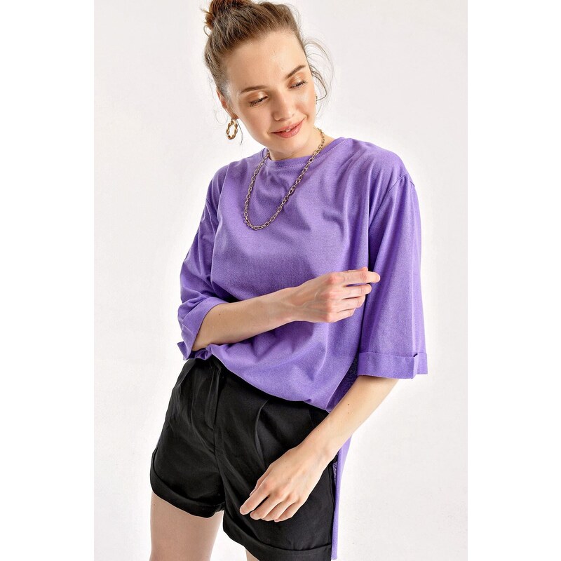 Bigdart 4123 Oversized T-Shirt with a slit - Purple