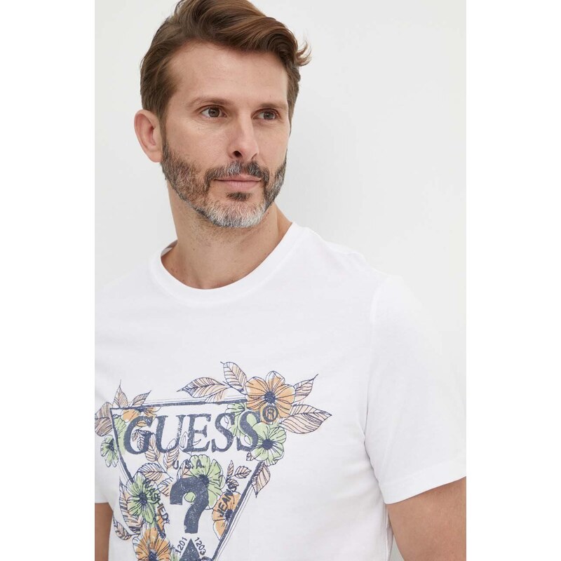 Bavlněné tričko Guess FLOWERS bílá barva, s potiskem, M4GI11 I3Z14