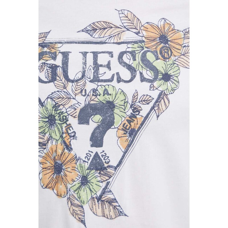 Bavlněné tričko Guess FLOWERS bílá barva, s potiskem, M4GI11 I3Z14