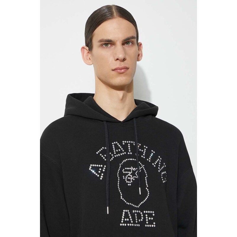 Mikina A Bathing Ape Rhinestone College Pullover Hoodie pánská, černá barva, s kapucí, s aplikací, 1K30114306