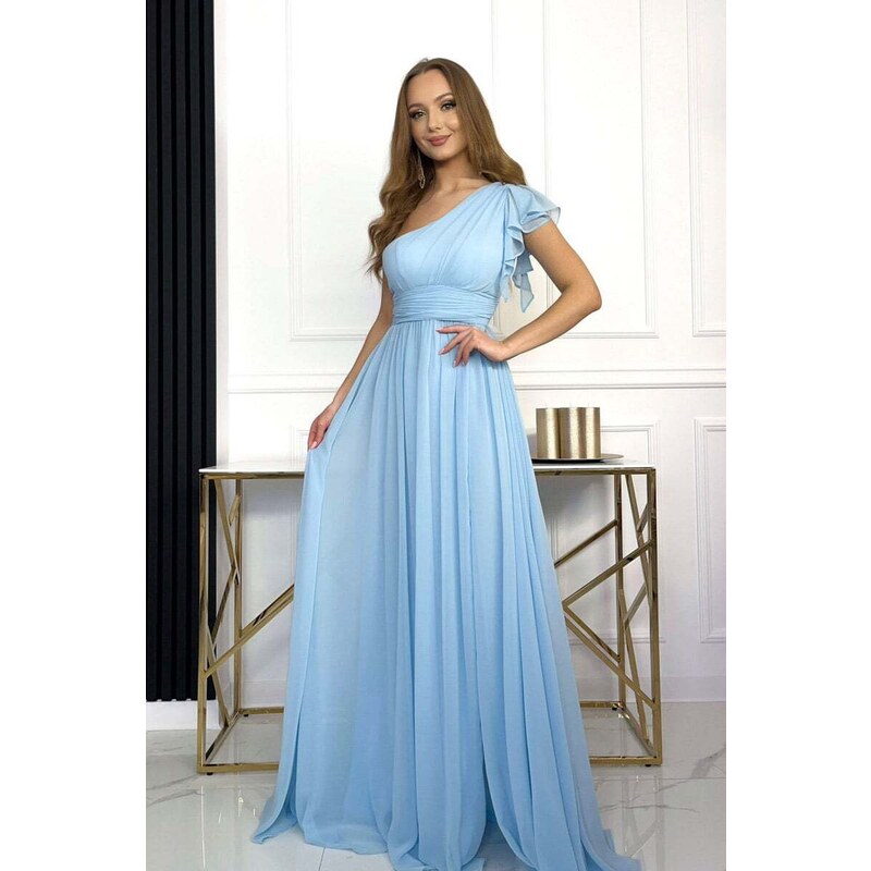 Paris Style Světle modré dlouhé šaty s volánovým rukávem Gracja