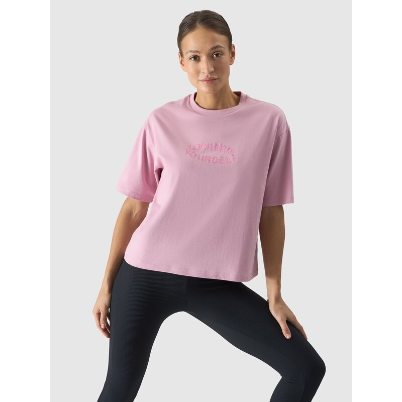 4F Dámské tričko oversize s potiskem - pudrově růžové