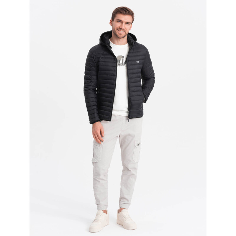 Ombre Clothing Pánská bunda bomber se saténovým povrchem a kontrastními žebrovanými lemy - tmavě modrá V2 OM-JALP-22FW-007