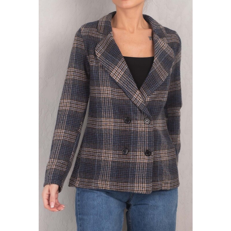 armonika Women's Navy Blue Checkered Four Button Cachet Jacket