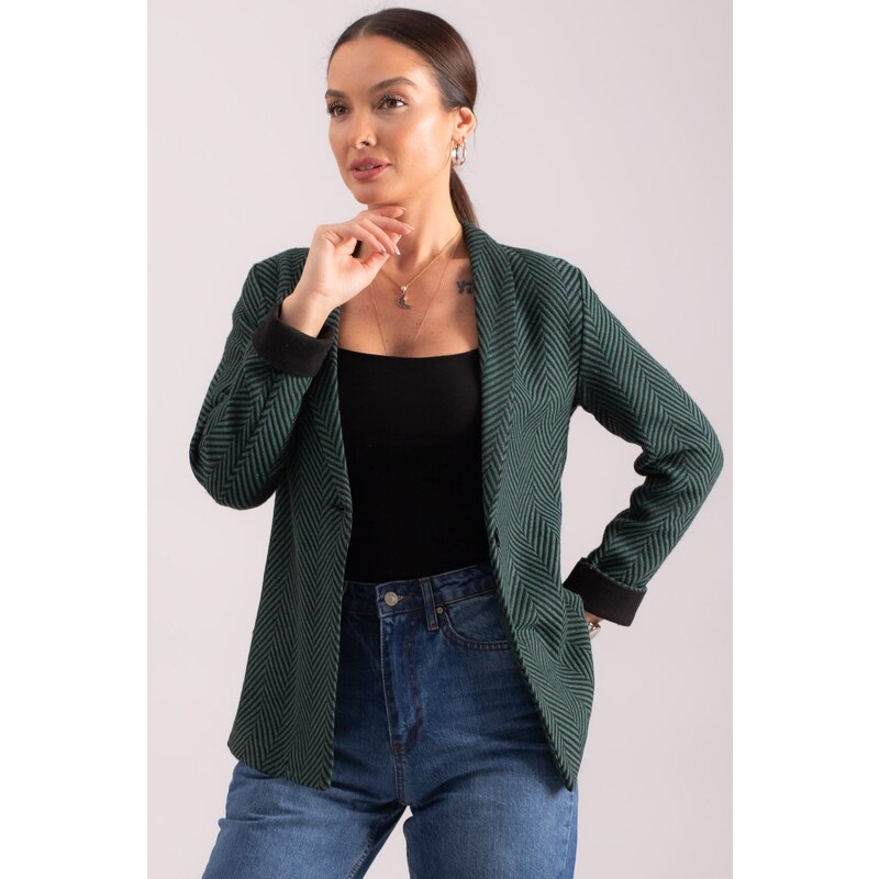 armonika Women's Emerald Herringbone Pattern Fold Sleeve Single Button Cachet Jacket