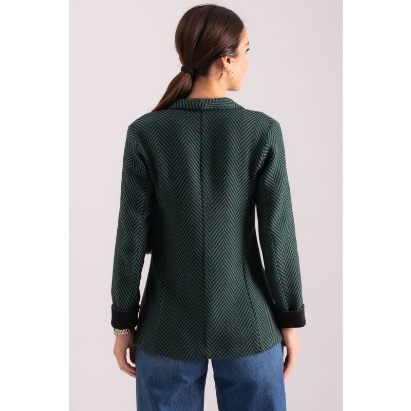 armonika Women's Emerald Herringbone Pattern Fold Sleeve Single Button Cachet Jacket