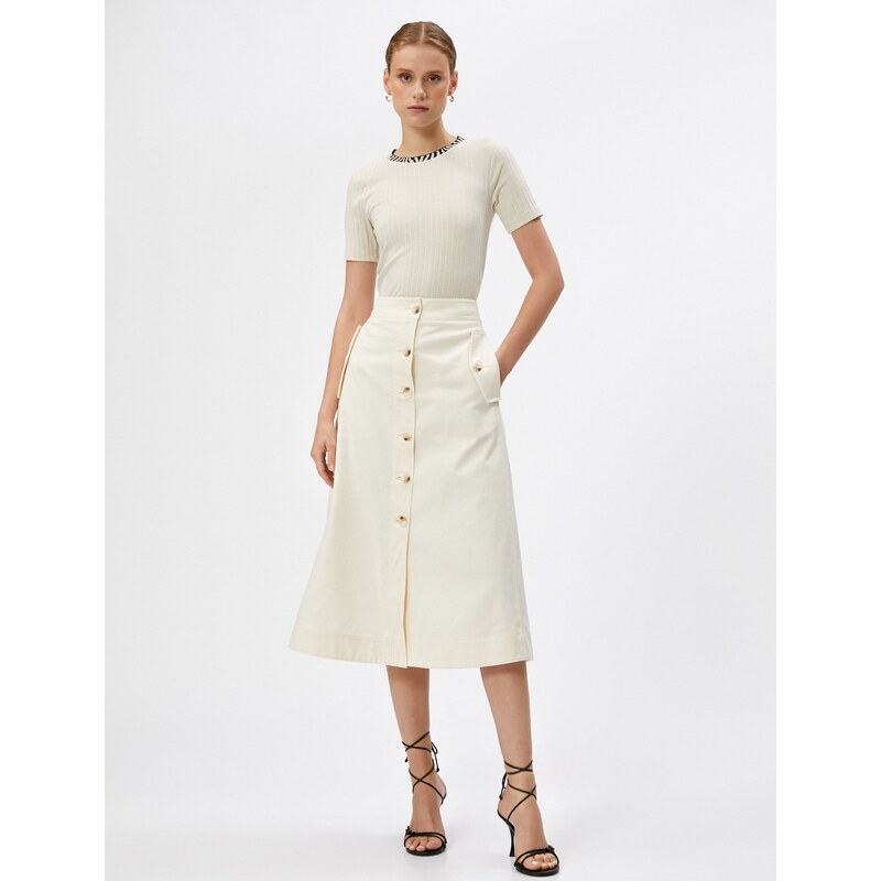 Koton Midi Skirt Pocket Detailed Buttoned Slit Cotton