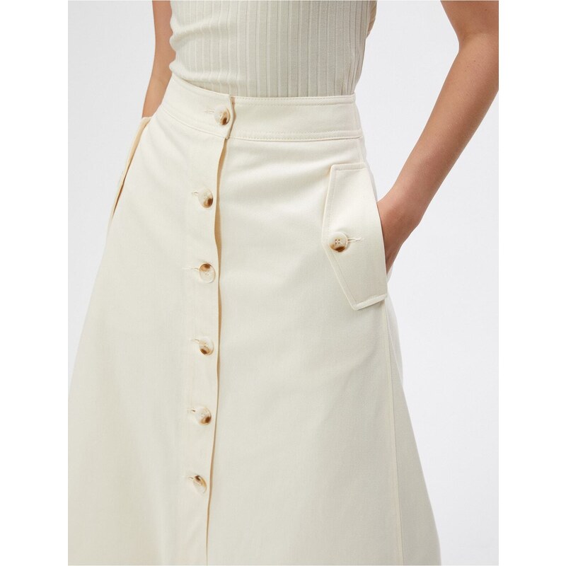 Koton Midi Skirt Pocket Detailed Buttoned Slit Cotton