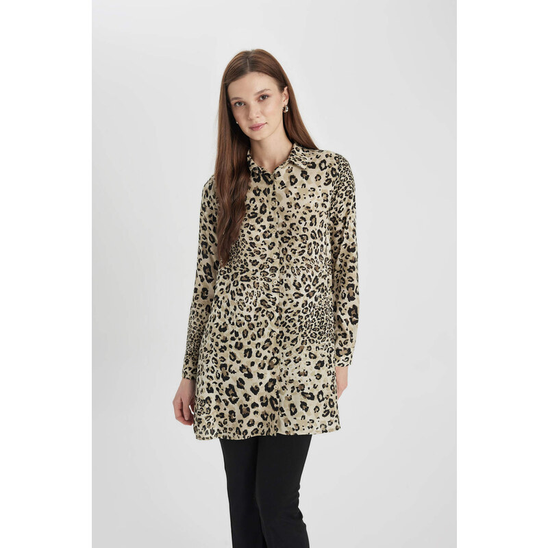 DEFACTO Regular Fit Shirt Collar Printed Long Sleeve Tunic