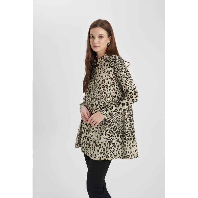 DEFACTO Regular Fit Shirt Collar Printed Long Sleeve Tunic