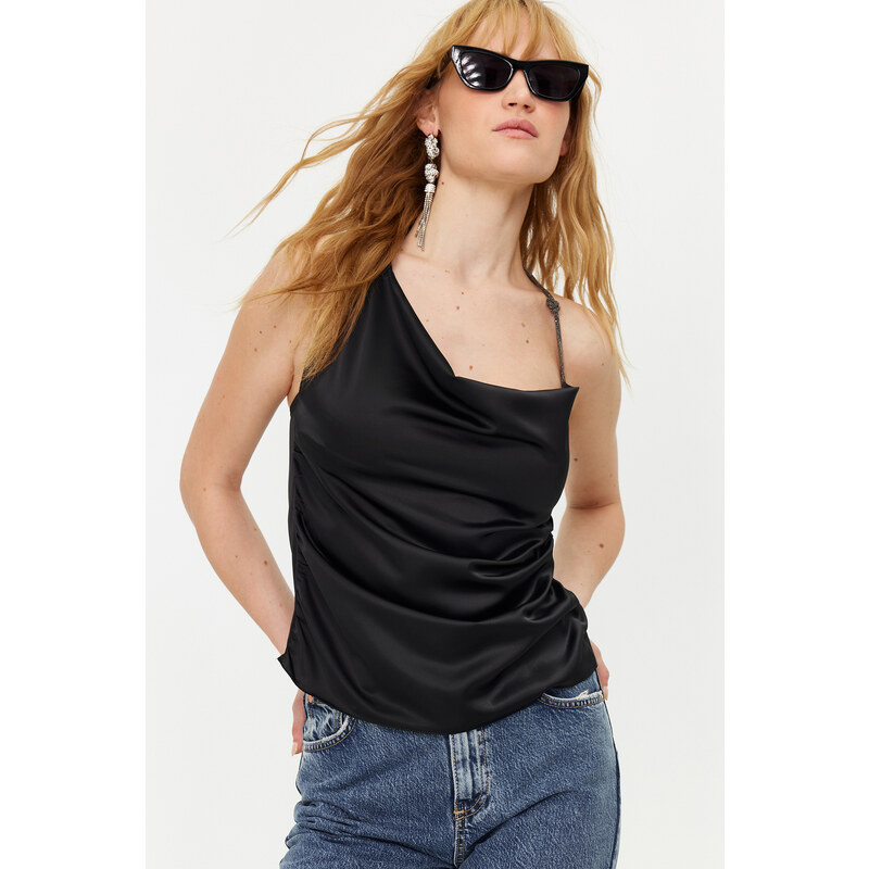 Trendyol Black Plunging Neck Satin Blouse