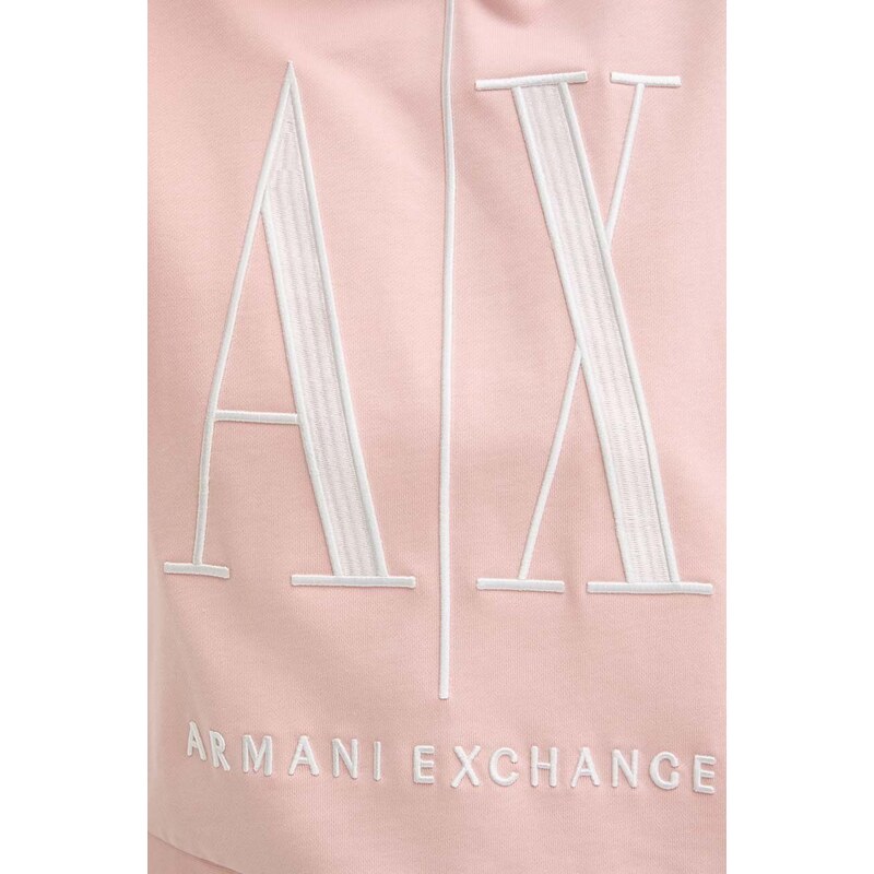Bavlněná mikina Armani Exchange dámská, růžová barva, s kapucí, s aplikací, 8NYM52 YJ68Z