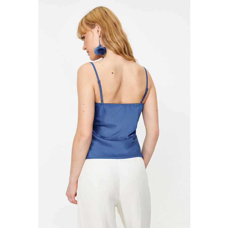 Trendyol Saxe Blue Collar Stone Accessory Satin Blouse