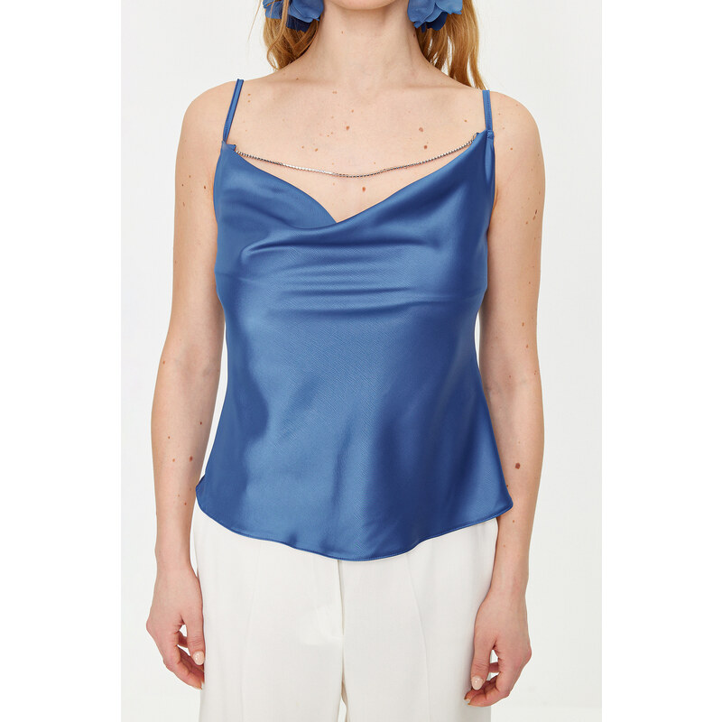 Trendyol Saxe Blue Collar Stone Accessory Satin Blouse