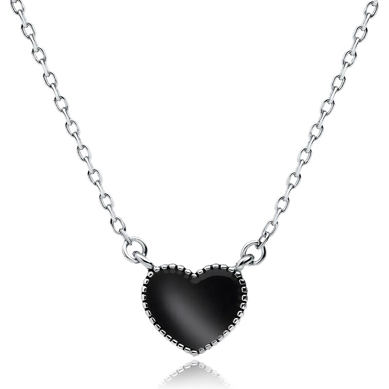 Stříbrný 925 Náhrdelník - Srdce s Černým Smaltem