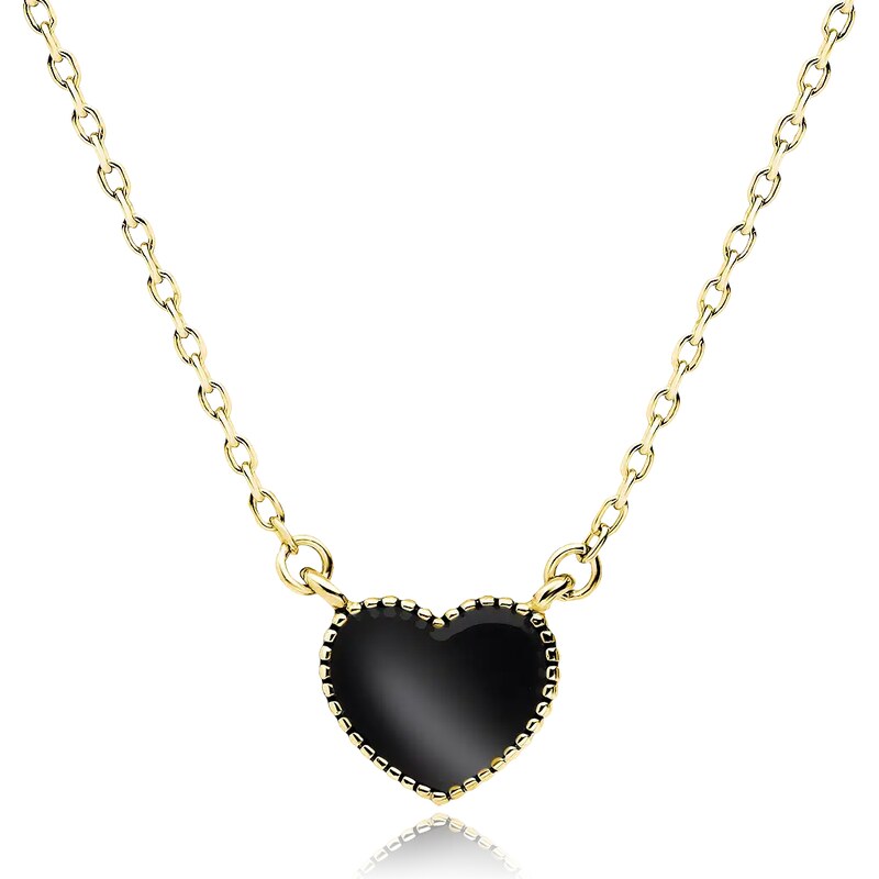 Stříbrný 925 Pozlacený Náhrdelník - Srdce s Černým Smaltem