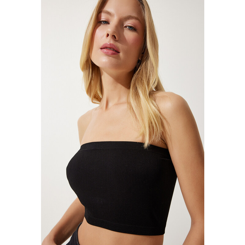 Happiness İstanbul Women's Black Strapless Ribbed Knitted Bustier