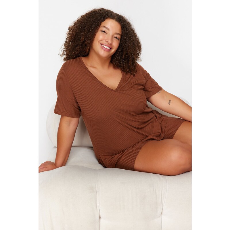 Trendyol Curve Brown V Neck Camisole Knitted Pajamas Set