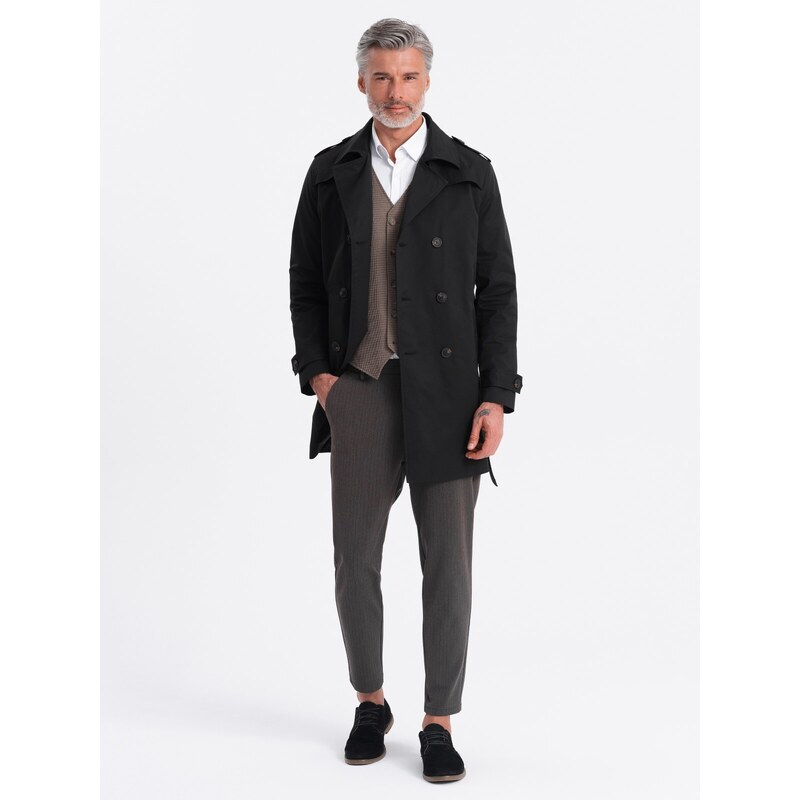 Ombre Clothing Elegantní pánský plášť SLIM FIT s páskem - černý V2 OM-COSC-0111