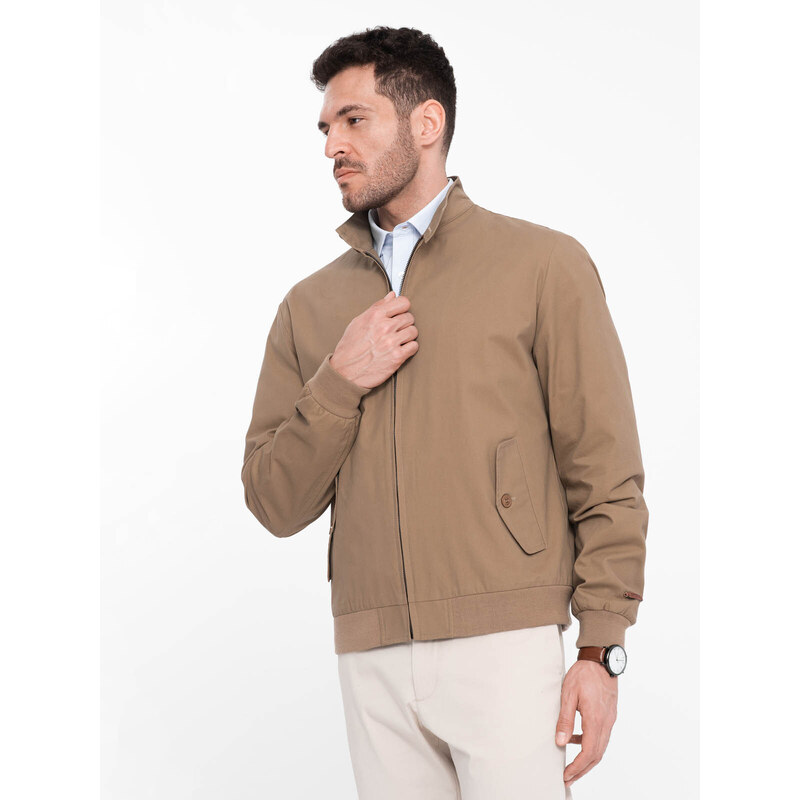 Ombre Harrington men's jacket with stand-up collar and check lining - brown