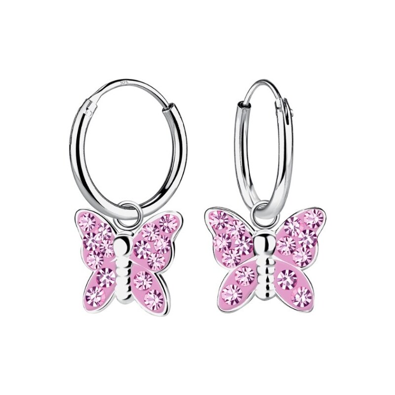 SYLVIENE Dětské stříbrné náušnice Růžový motýl s krystaly