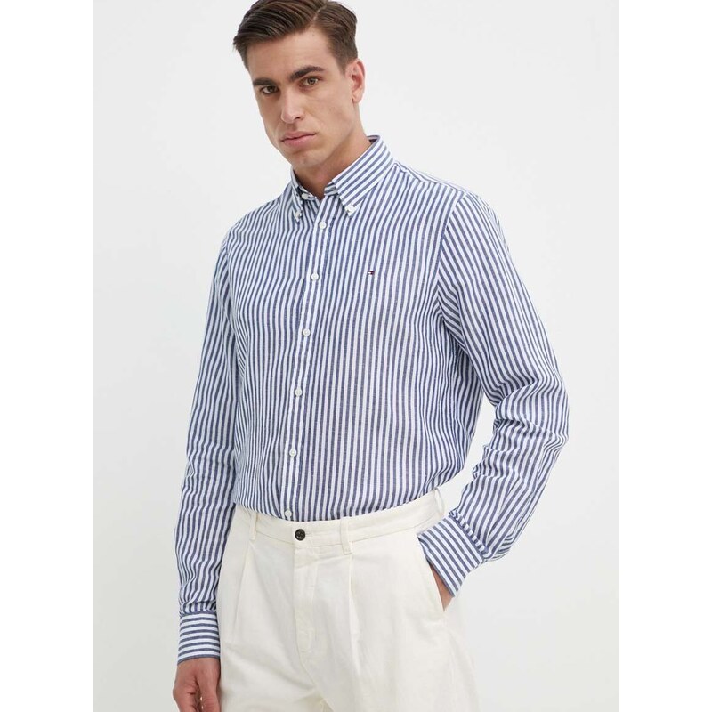 Košile Tommy Hilfiger pánská, tmavomodrá barva, slim, s límečkem button-down, MW0MW34633