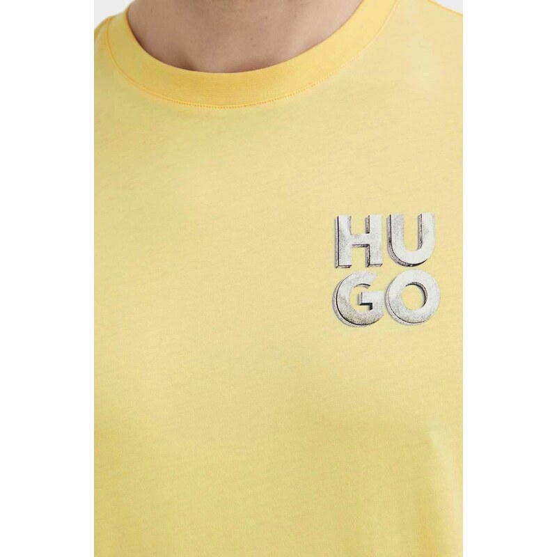 Bavlněné tričko HUGO žlutá barva, s potiskem