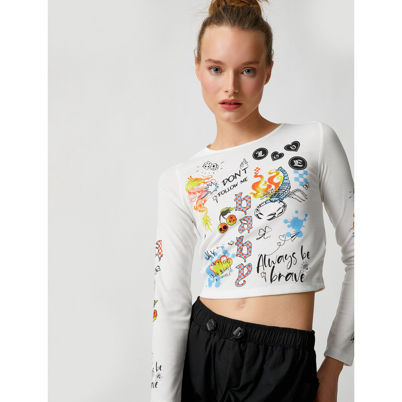 Koton Crop T-Shirt Long Sleeves Printed Crewneck