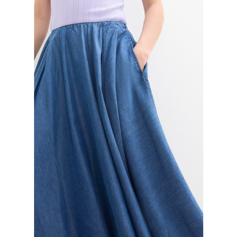 bonprix Džínová sukně s vysokým, pohodlným pasem Modrá