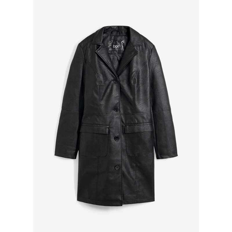 bonprix Lehký kabát z umělé kůže s límcem s klopou, vypasovaný Černá