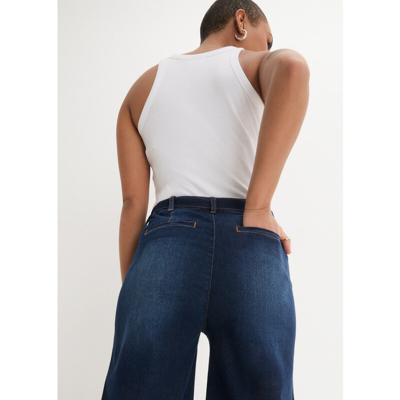 bonprix Ultra měkké 7/8 džíny s vysokým pasem a páskem na zavazování, Loose Fit Modrá