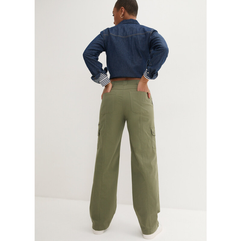 bonprix Cargo kalhoty Mid Waist, dlouhé Zelená