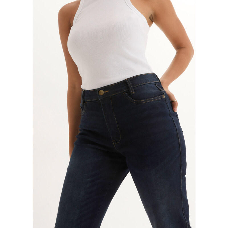 bonprix Strečové džíny High-Waist s pohodlnou pasovkou Modrá