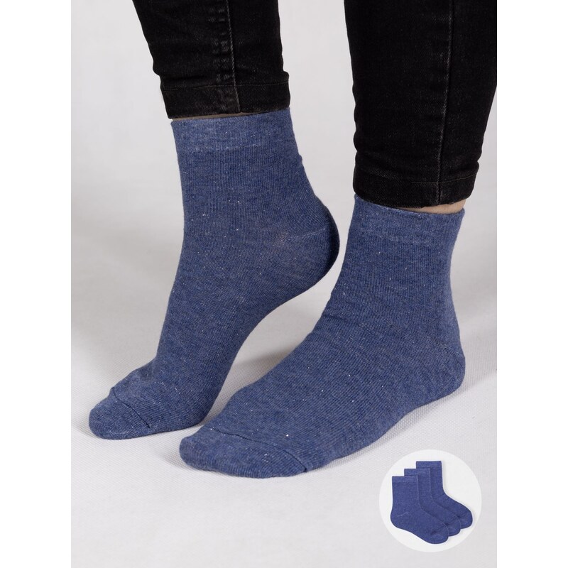 Yoclub Kids's Girls' Socks Plain With Silver Thread 3-Pack SKA-0025G-1800 Navy Blue