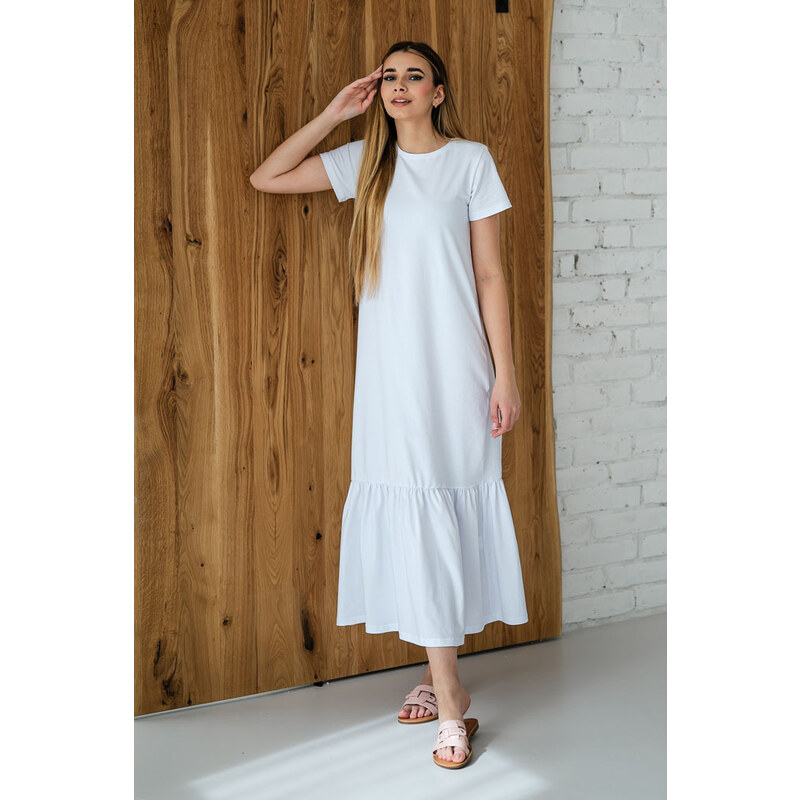 Dámské bavlněné šaty s volánem LOREN dlouhé bílé - L