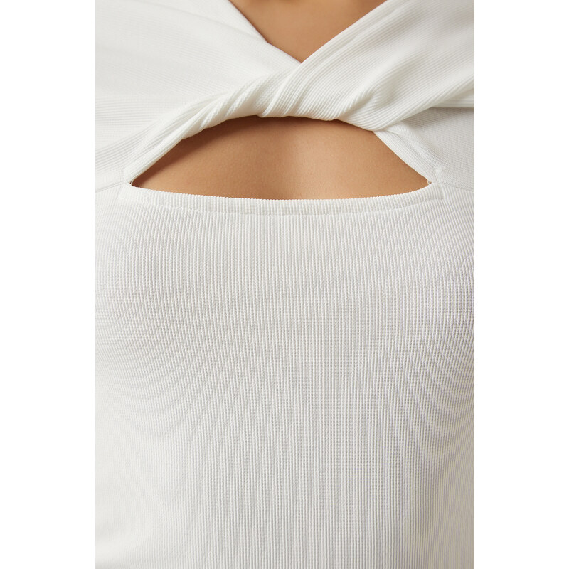 Happiness İstanbul Women's White Cut Out Detailed Ribbed Knitted Blouse
