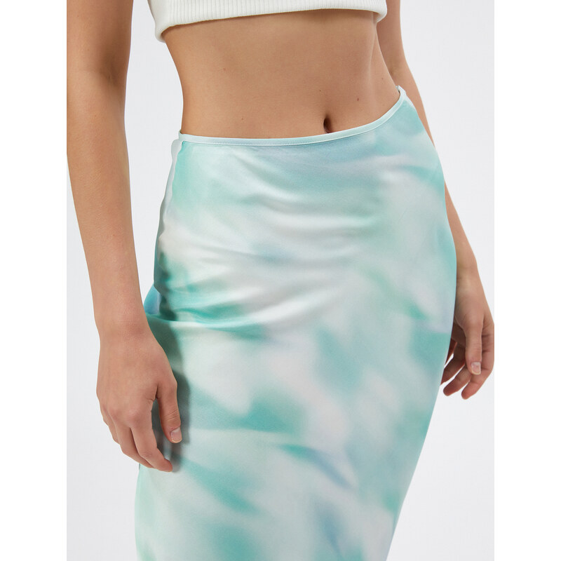 Koton Satin Midi Skirt with slits and Tie-Dye Patterned A-Line Viscose.