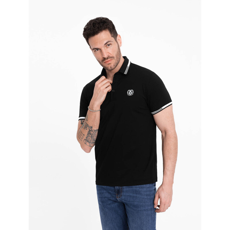 Ombre Clothing Pánské elastanové polo tričko s kontrastními prvky - černé V2 OM-POSS-0123