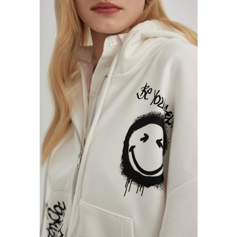 DEFACTO Oversize Fit Thick Sweatshirt Fabric Smiley Licence Cardigan