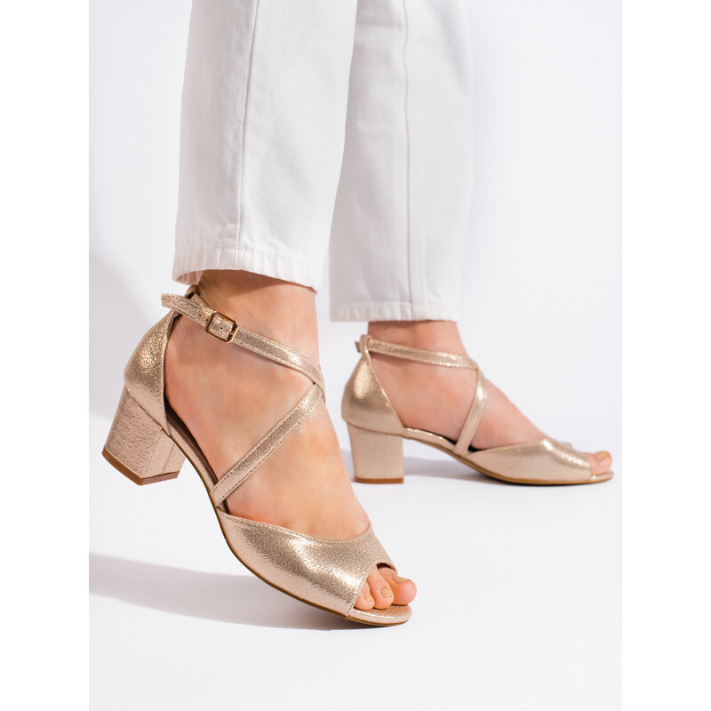GOODIN Luxusní zlaté dámské sandály na širokém podpatku