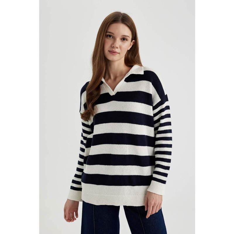 DEFACTO Regular Fit Striped Polo Neck T-Shirt Tunic